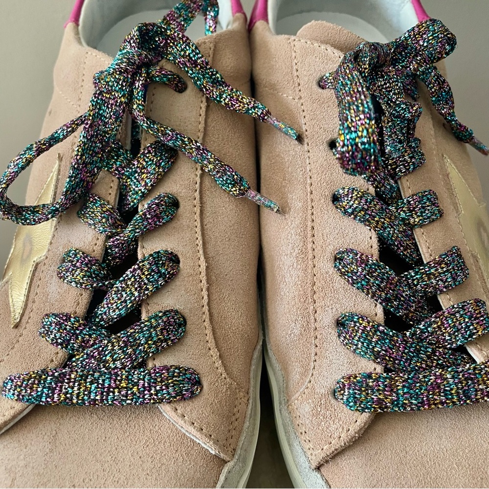 Golden Goose Superstar Nude Suede Gold Star Pink Heel Confetti Laces NEW IN BOX - Picture 6 of 13